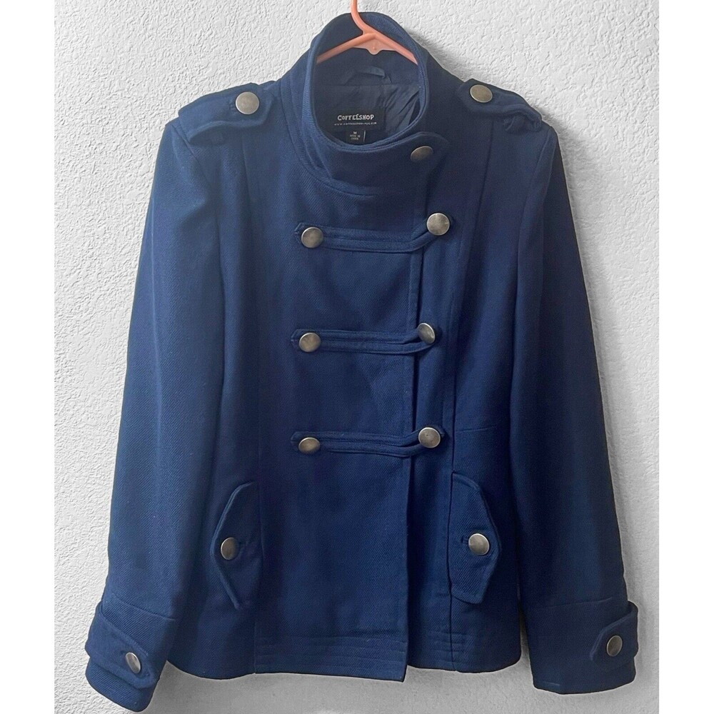Coffee Shop Size M Black Knit Military Style Cotton Blend Double Breasted Jacket